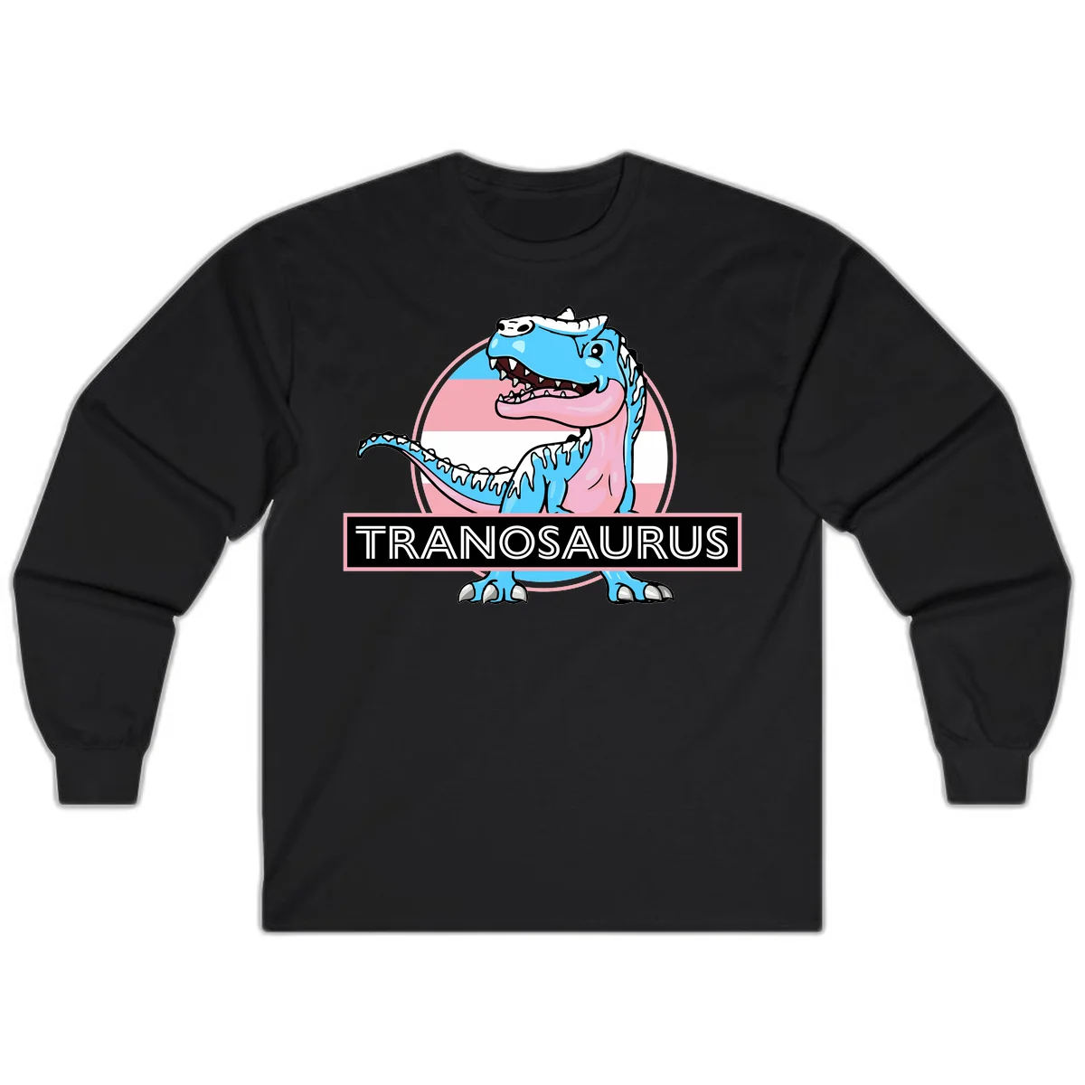 Blue cartoon T-Rex dinosaur with open mouth against pink and white pride flag circular background, labeled Tranosaurus in Black
