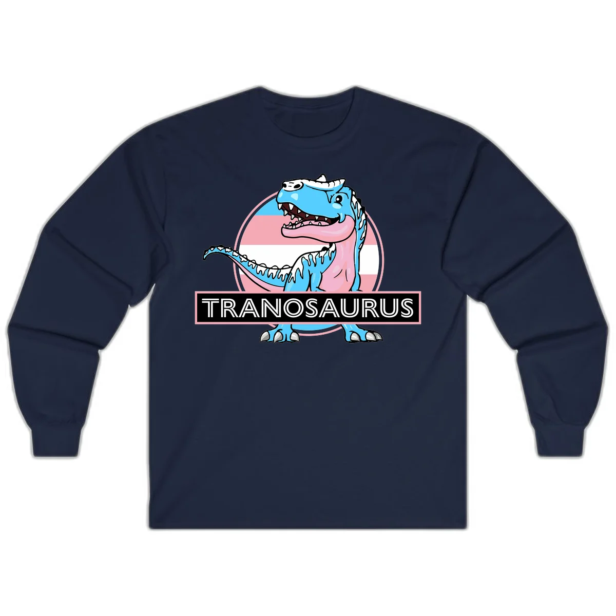 Blue cartoon T-Rex dinosaur with open mouth against pink and white pride flag circular background, labeled Tranosaurus in Navy