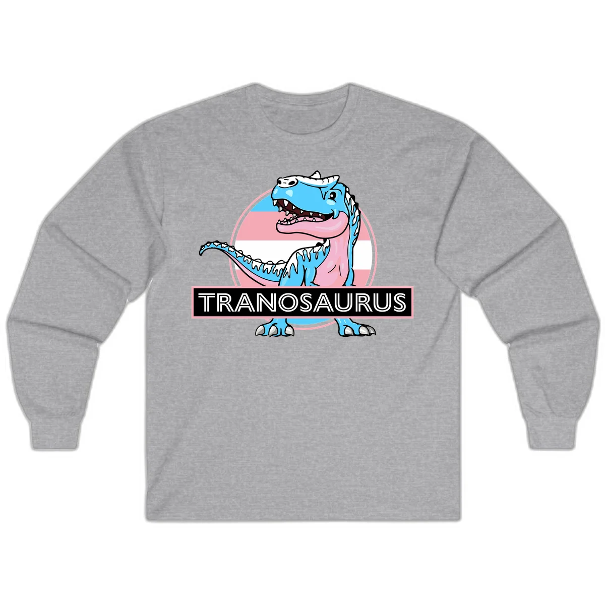 Blue cartoon T-Rex dinosaur with open mouth against pink and white pride flag circular background, labeled Tranosaurus in Sport Grey