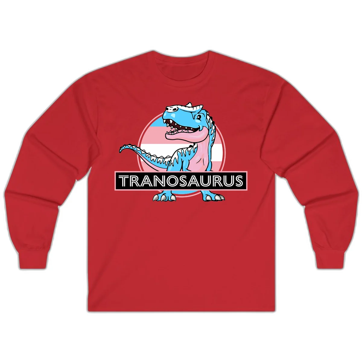 Blue cartoon T-Rex dinosaur with open mouth against pink and white pride flag circular background, labeled Tranosaurus in Red