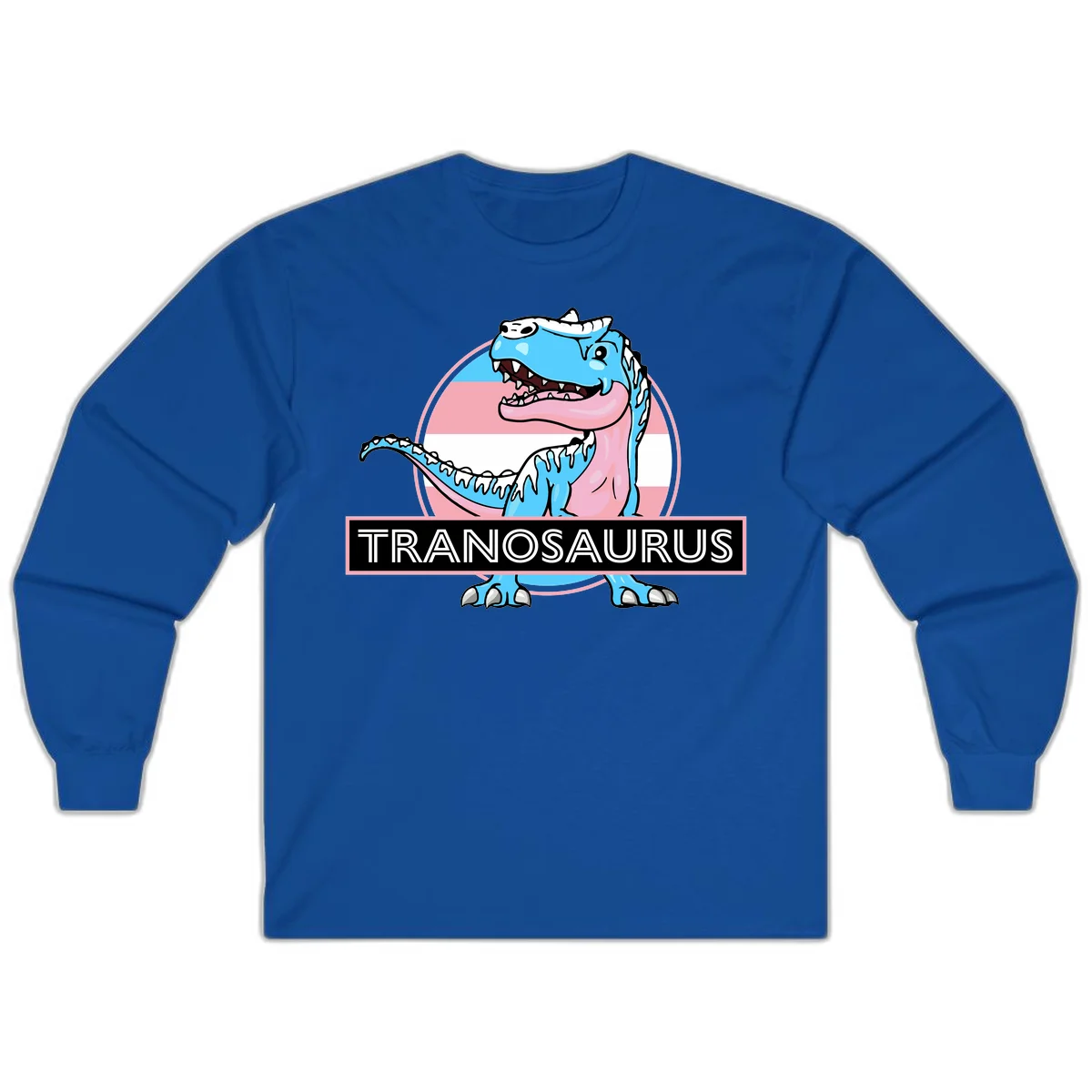 Blue cartoon T-Rex dinosaur with open mouth against pink and white pride flag circular background, labeled Tranosaurus in Royal