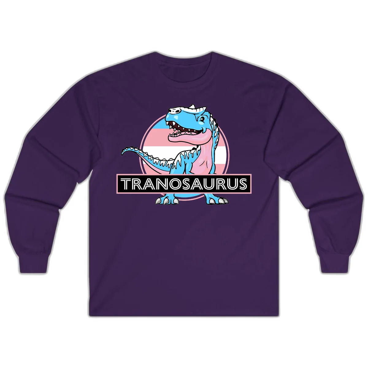 Blue cartoon T-Rex dinosaur with open mouth against pink and white pride flag circular background, labeled Tranosaurus in Purple