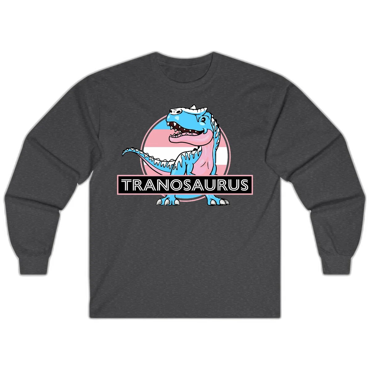 Blue cartoon T-Rex dinosaur with open mouth against pink and white pride flag circular background, labeled Tranosaurus in Dark Heather