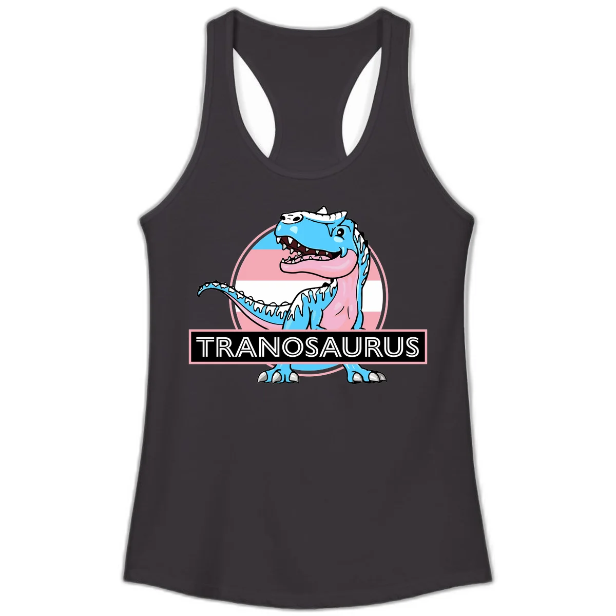 Blue cartoon T-Rex dinosaur with open mouth against pink and white pride flag circular background, labeled Tranosaurus in Black