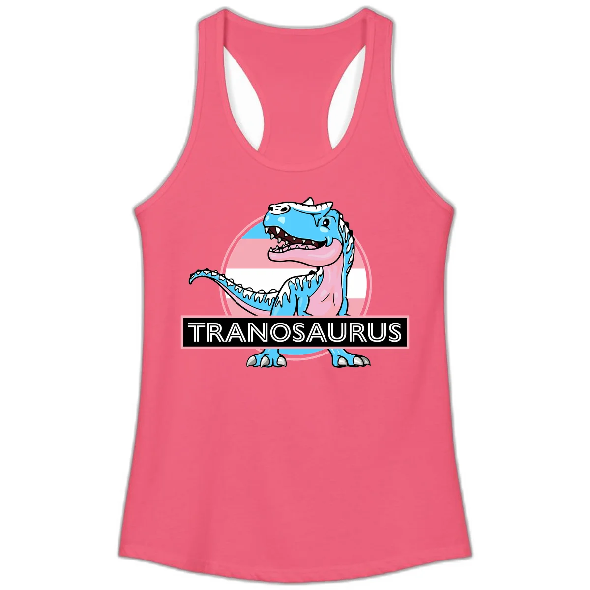 Blue cartoon T-Rex dinosaur with open mouth against pink and white pride flag circular background, labeled Tranosaurus in Hot Pink