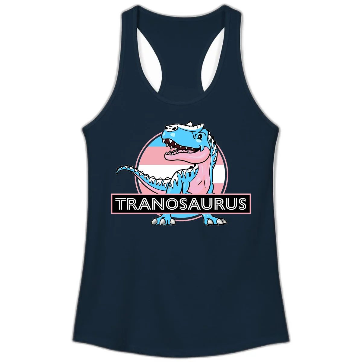 Blue cartoon T-Rex dinosaur with open mouth against pink and white pride flag circular background, labeled Tranosaurus in Solid Midnight Navy