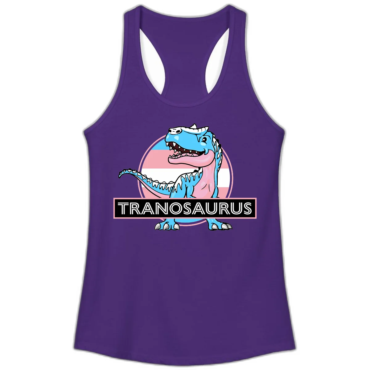 Blue cartoon T-Rex dinosaur with open mouth against pink and white pride flag circular background, labeled Tranosaurus in Solid Purple Rush