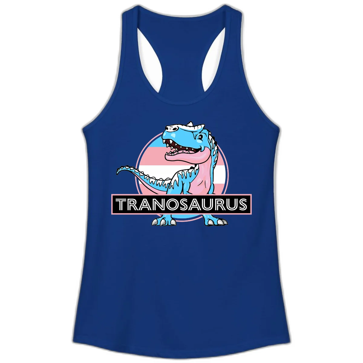 Blue cartoon T-Rex dinosaur with open mouth against pink and white pride flag circular background, labeled Tranosaurus in Solid Royal