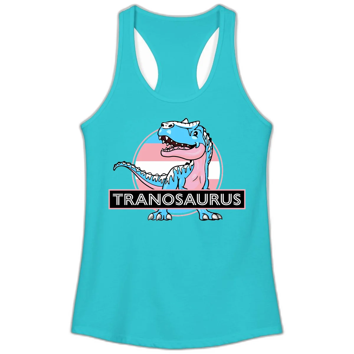 Blue cartoon T-Rex dinosaur with open mouth against pink and white pride flag circular background, labeled Tranosaurus in Solid Tahiti Blue