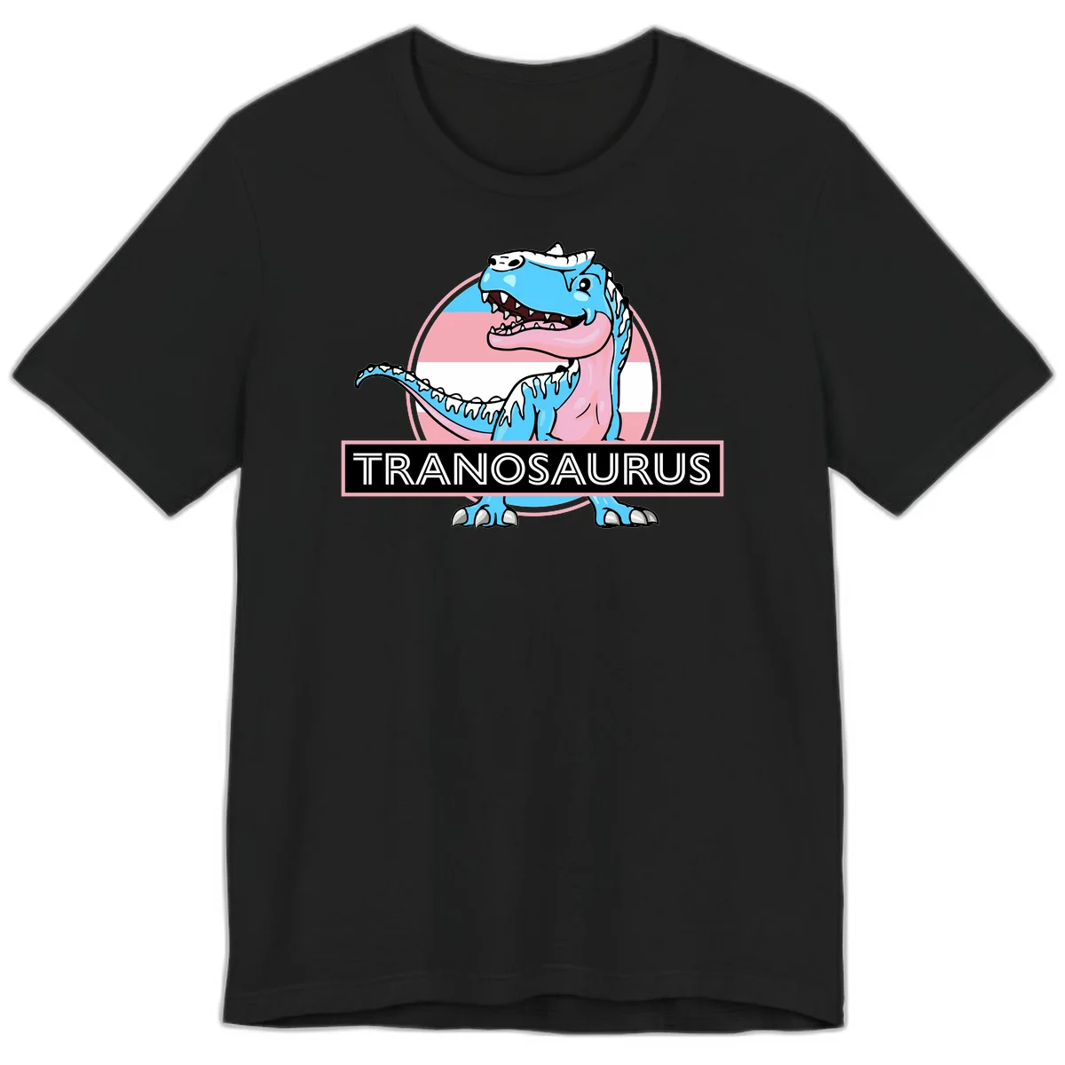 Blue cartoon T-Rex dinosaur with open mouth against pink and white pride flag circular background, labeled Tranosaurus in Black