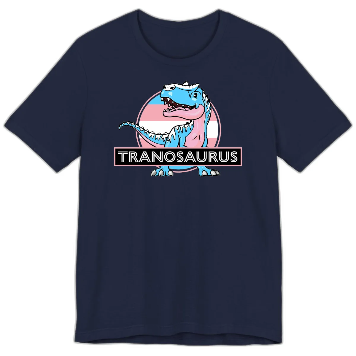 Blue cartoon T-Rex dinosaur with open mouth against pink and white pride flag circular background, labeled Tranosaurus in Navy