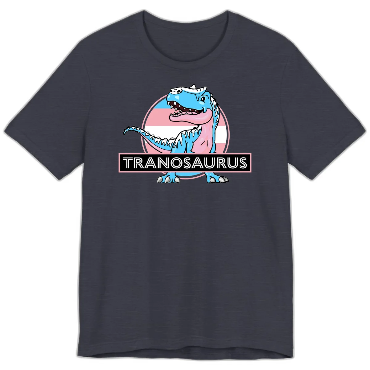 Blue cartoon T-Rex dinosaur with open mouth against pink and white pride flag circular background, labeled Tranosaurus in Heather Midnight Navy