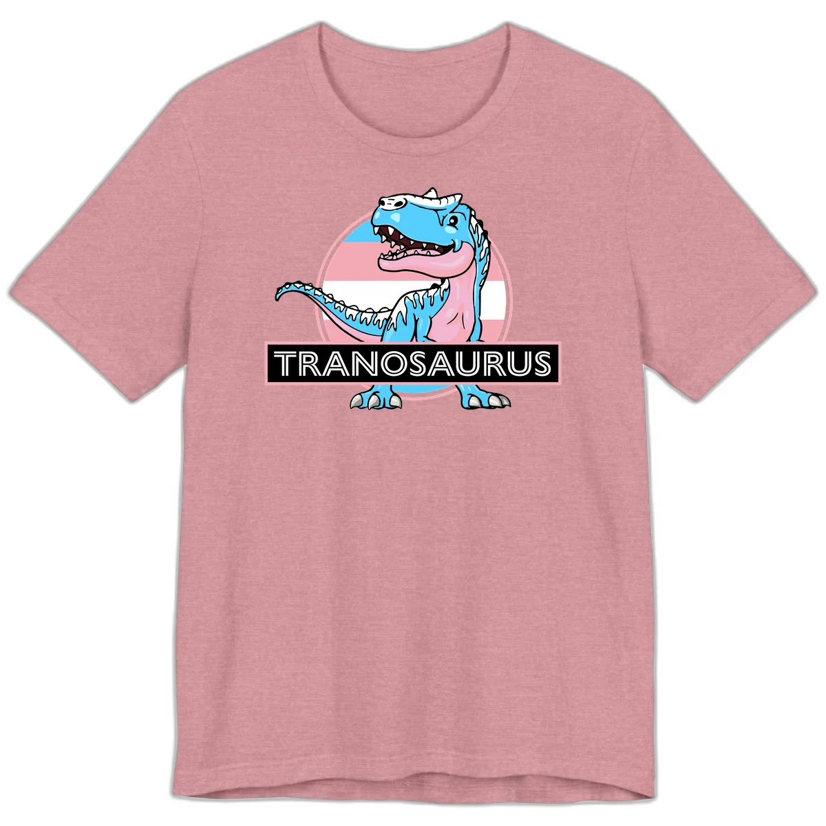 Blue cartoon T-Rex dinosaur with open mouth against pink and white pride flag circular background, labeled Tranosaurus in Heather Orchid