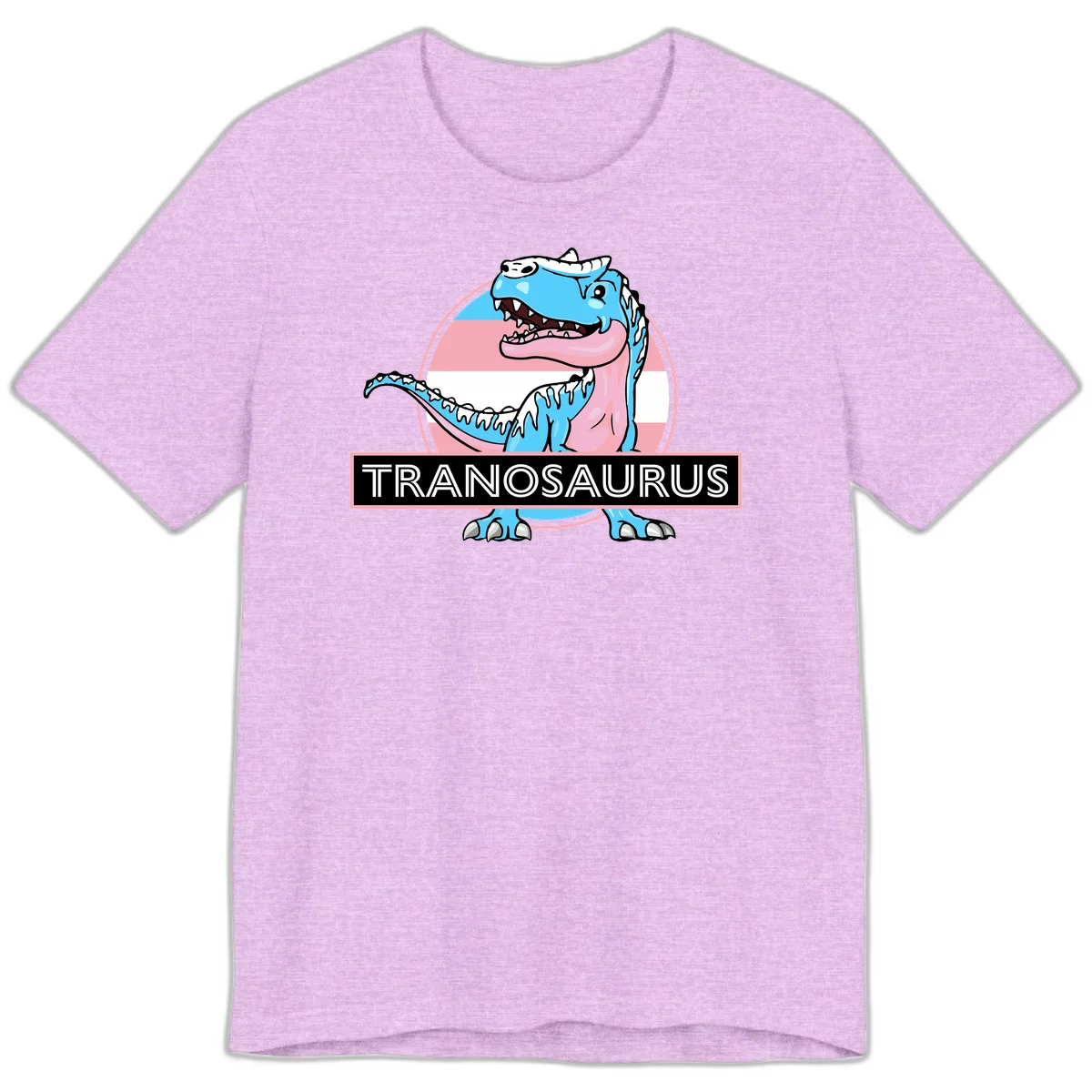 Blue cartoon T-Rex dinosaur with open mouth against pink and white pride flag circular background, labeled Tranosaurus in Heather Prism Lilac