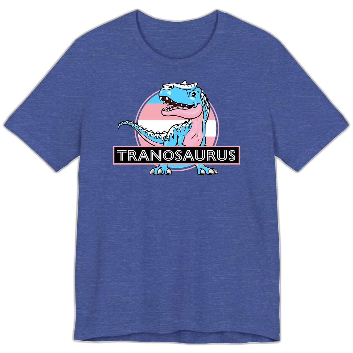 Blue cartoon T-Rex dinosaur with open mouth against pink and white pride flag circular background, labeled Tranosaurus in Heather True Royal