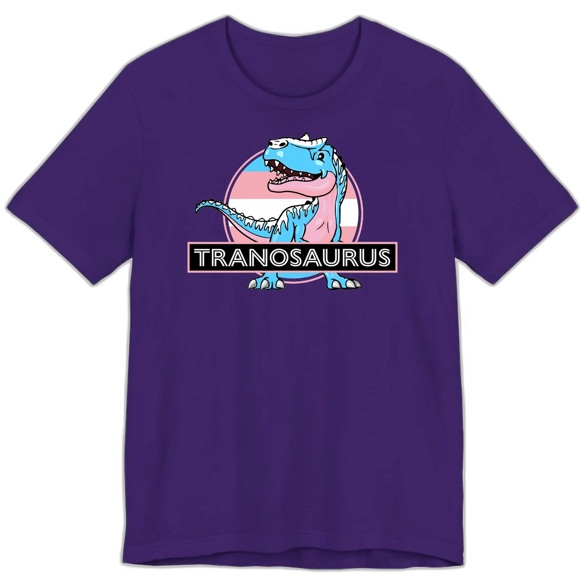 Blue cartoon T-Rex dinosaur with open mouth against pink and white pride flag circular background, labeled Tranosaurus in Team Purple