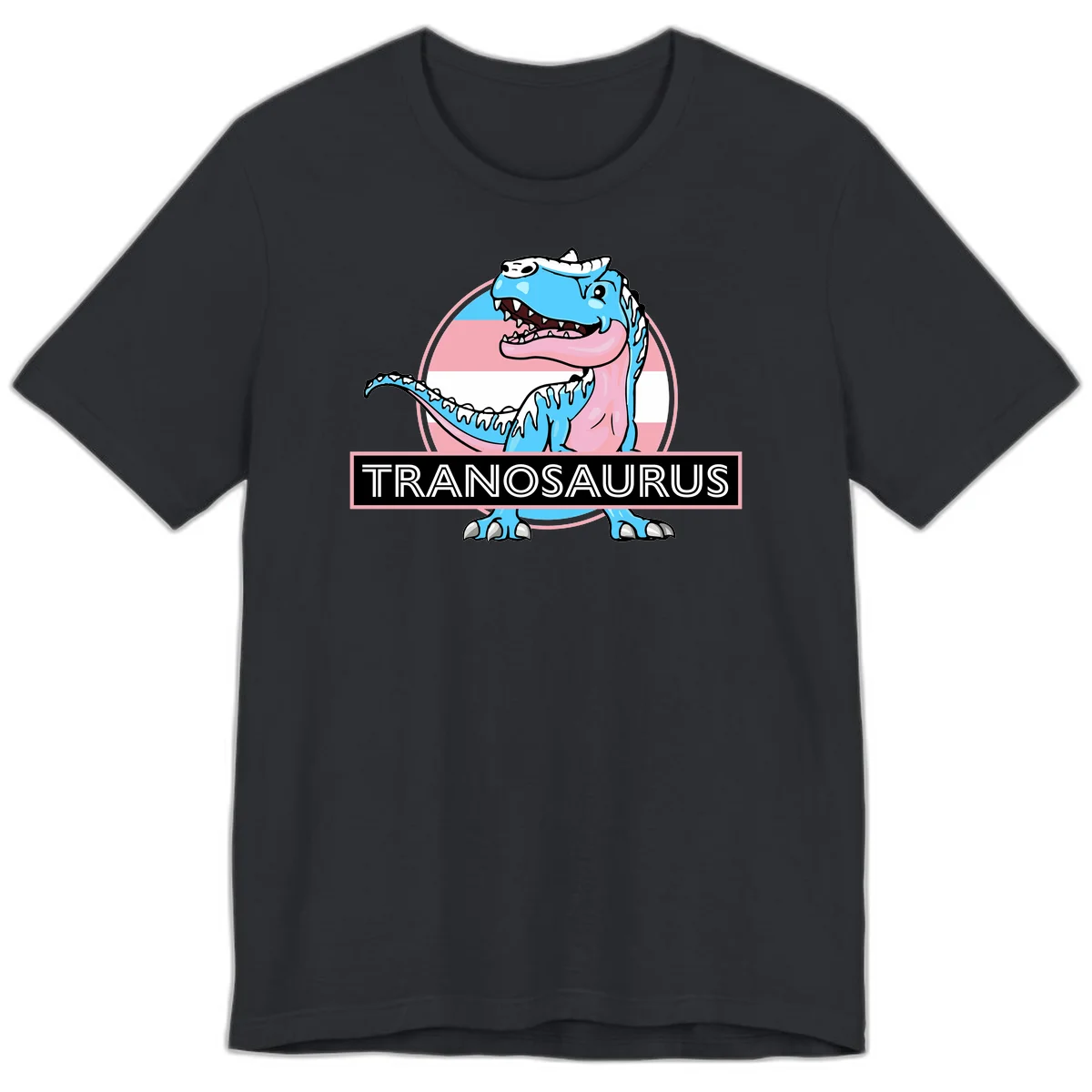 Blue cartoon T-Rex dinosaur with open mouth against pink and white pride flag circular background, labeled Tranosaurus in Vintage Black