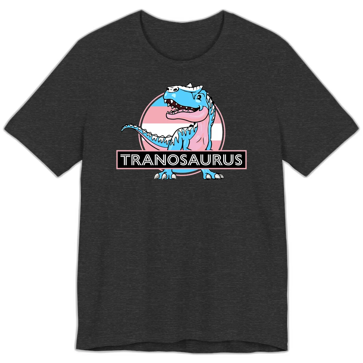 Blue cartoon T-Rex dinosaur with open mouth against pink and white pride flag circular background, labeled Tranosaurus in Dark Grey Heather