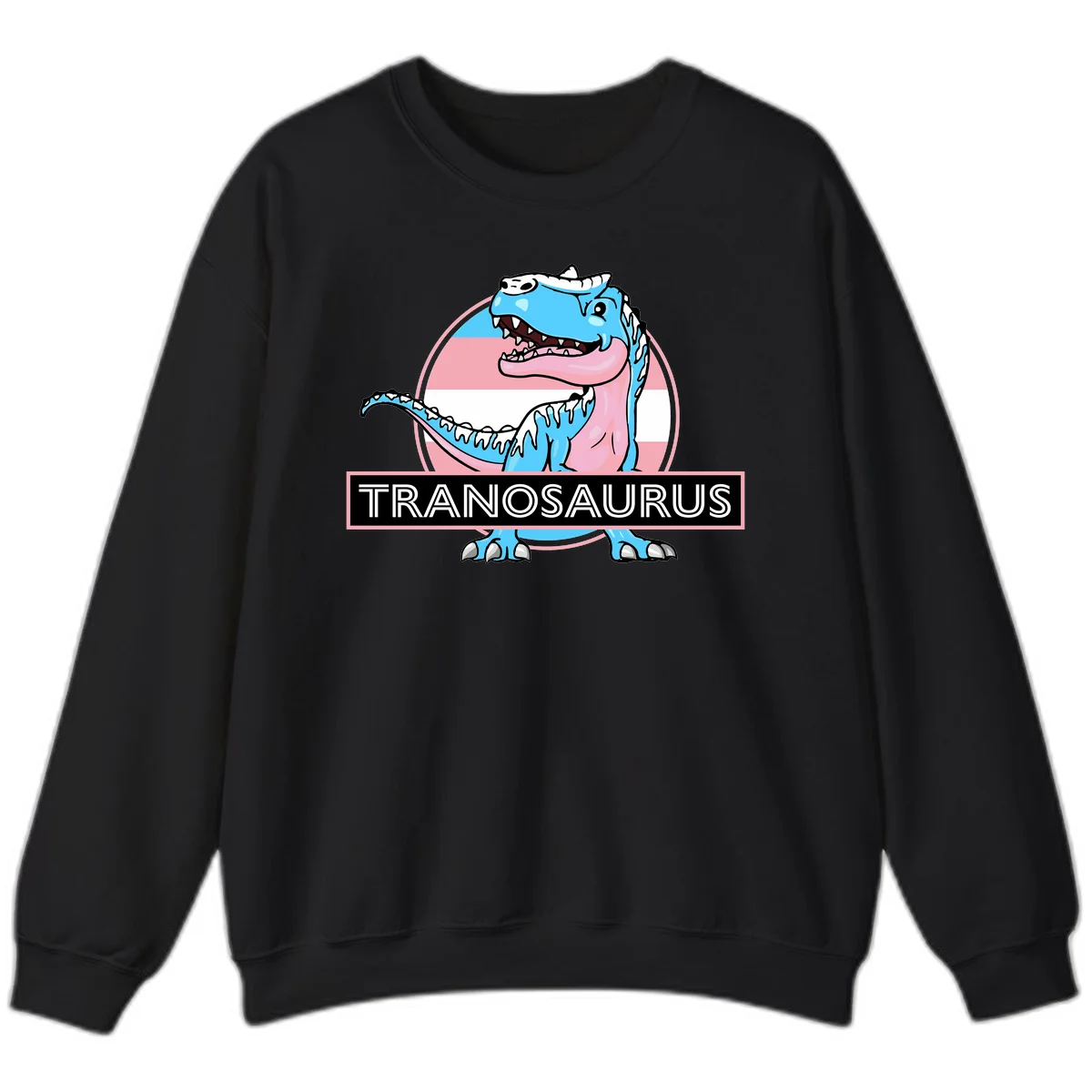 Blue cartoon T-Rex dinosaur with open mouth against pink and white pride flag circular background, labeled Tranosaurus in Black