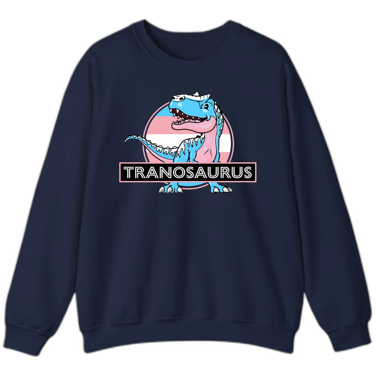 Blue cartoon T-Rex dinosaur with open mouth against pink and white pride flag circular background, labeled Tranosaurus in Navy