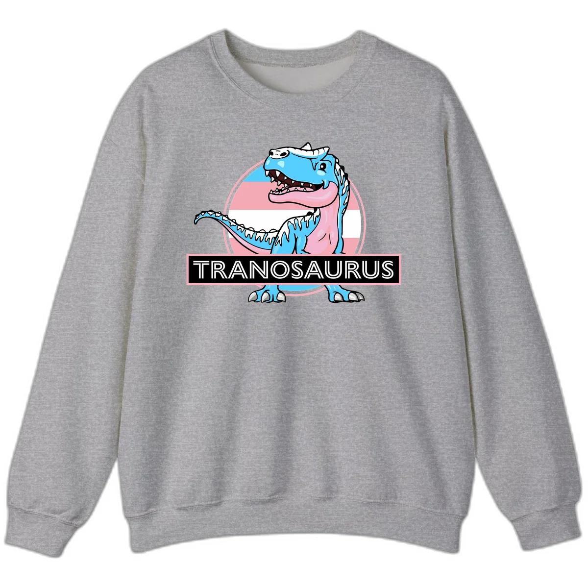 Blue cartoon T-Rex dinosaur with open mouth against pink and white pride flag circular background, labeled Tranosaurus in Sport Grey