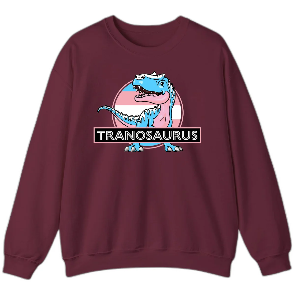 Blue cartoon T-Rex dinosaur with open mouth against pink and white pride flag circular background, labeled Tranosaurus in Maroon