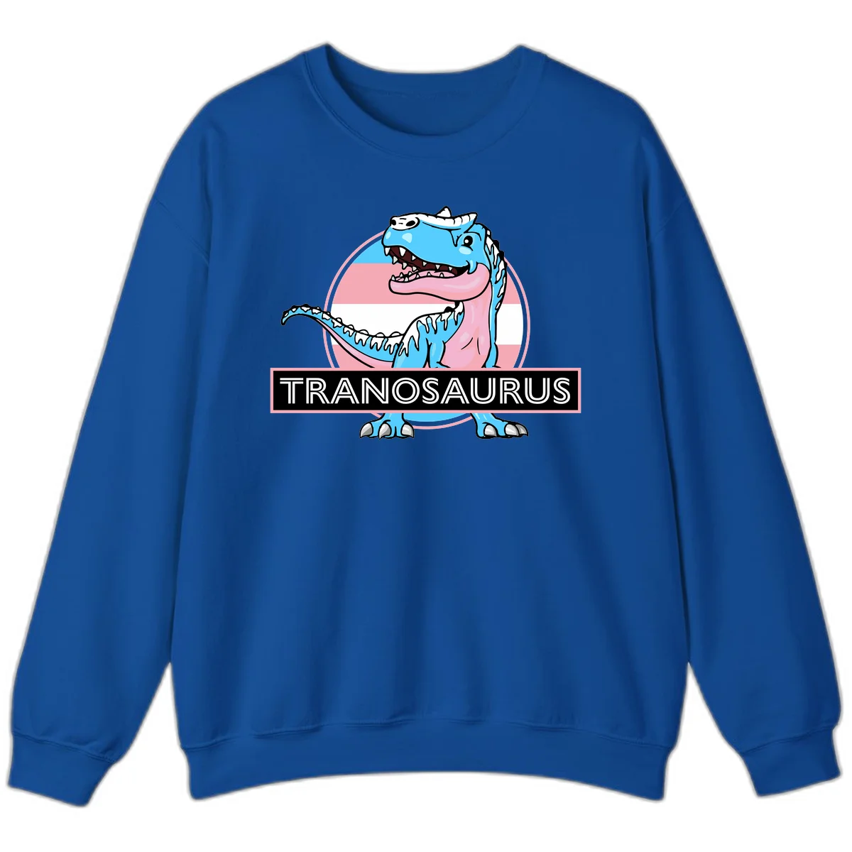 Blue cartoon T-Rex dinosaur with open mouth against pink and white pride flag circular background, labeled Tranosaurus in Royal