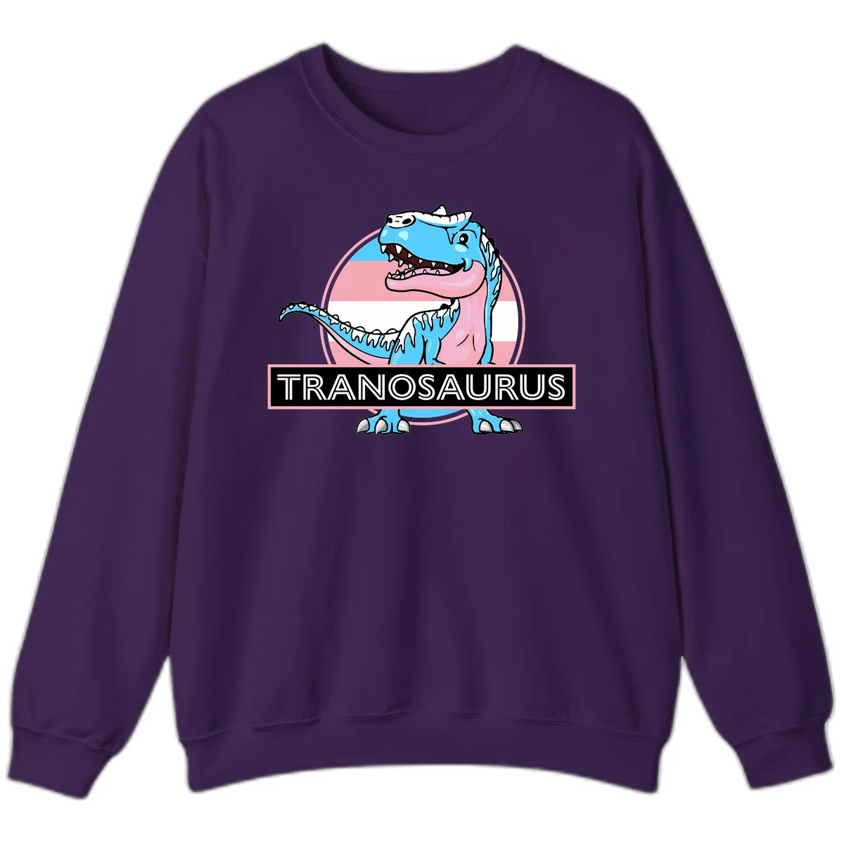 Blue cartoon T-Rex dinosaur with open mouth against pink and white pride flag circular background, labeled Tranosaurus in Purple