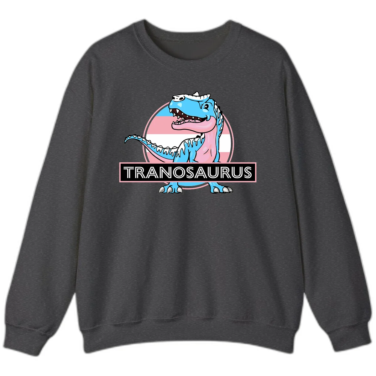 Blue cartoon T-Rex dinosaur with open mouth against pink and white pride flag circular background, labeled Tranosaurus in Dark Heather