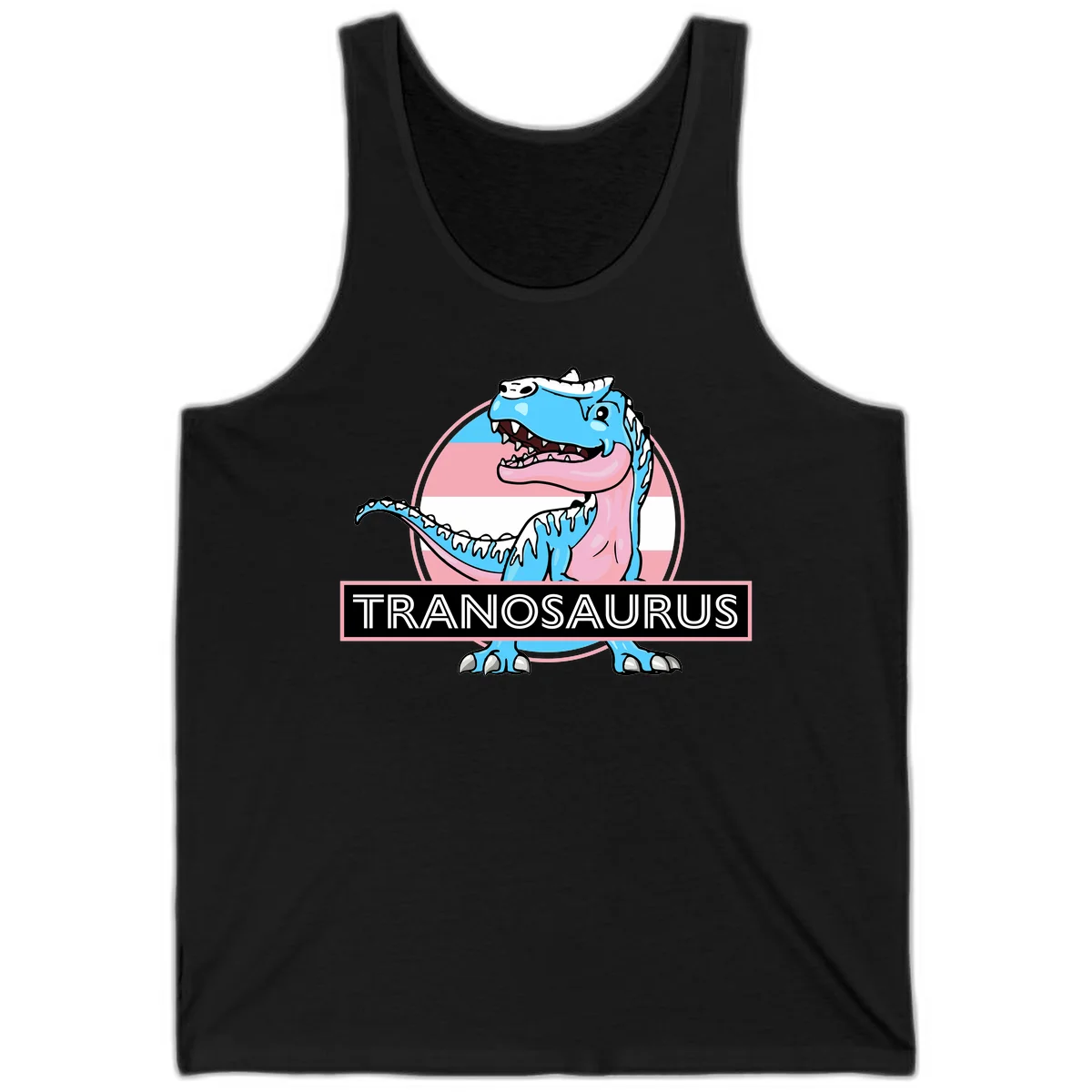 Blue cartoon T-Rex dinosaur with open mouth against pink and white pride flag circular background, labeled Tranosaurus in Black