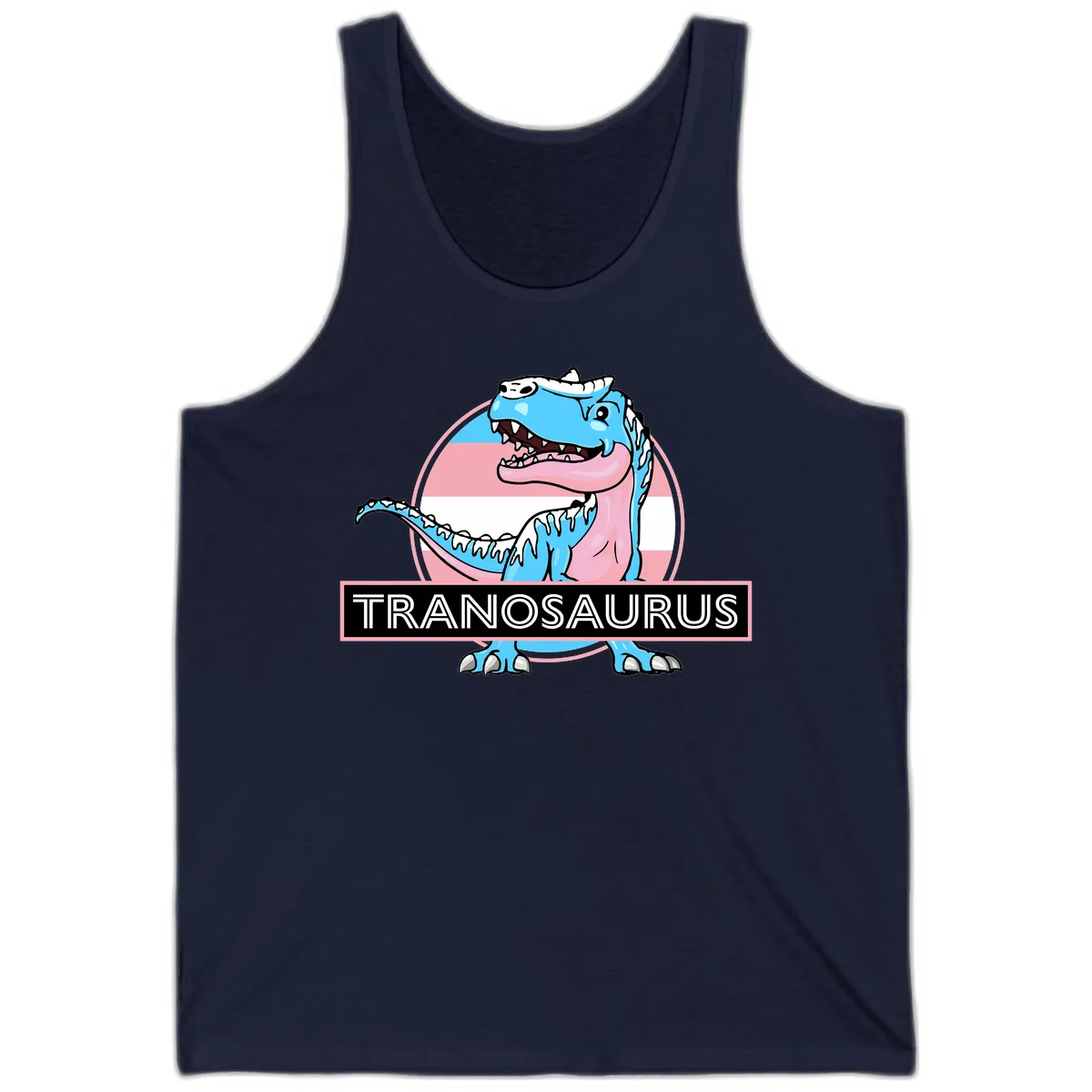 Blue cartoon T-Rex dinosaur with open mouth against pink and white pride flag circular background, labeled Tranosaurus in Navy