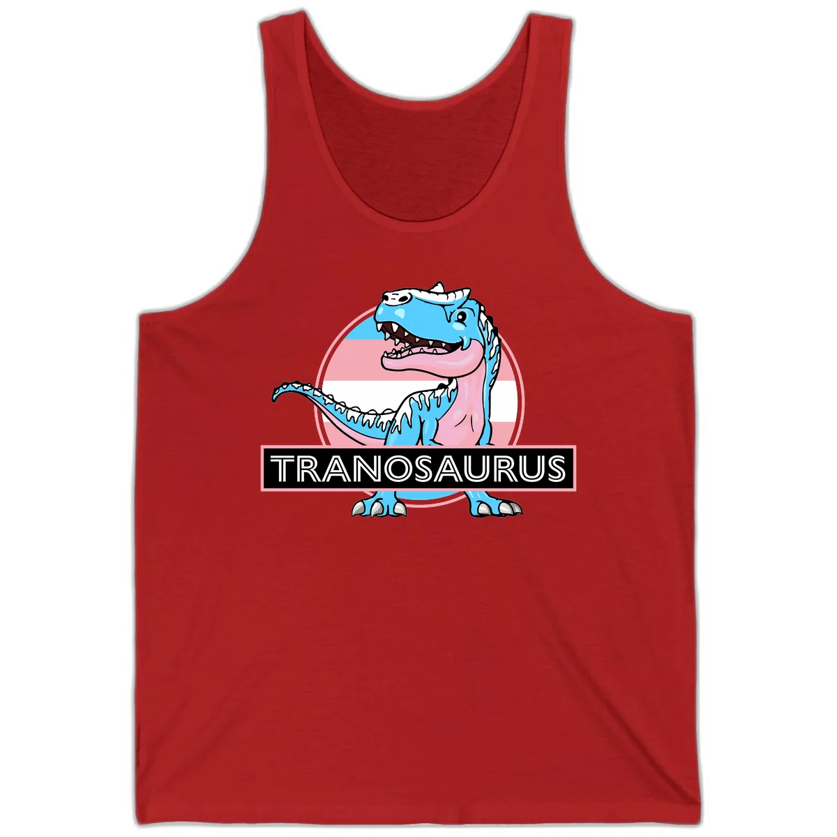 Blue cartoon T-Rex dinosaur with open mouth against pink and white pride flag circular background, labeled Tranosaurus in Red