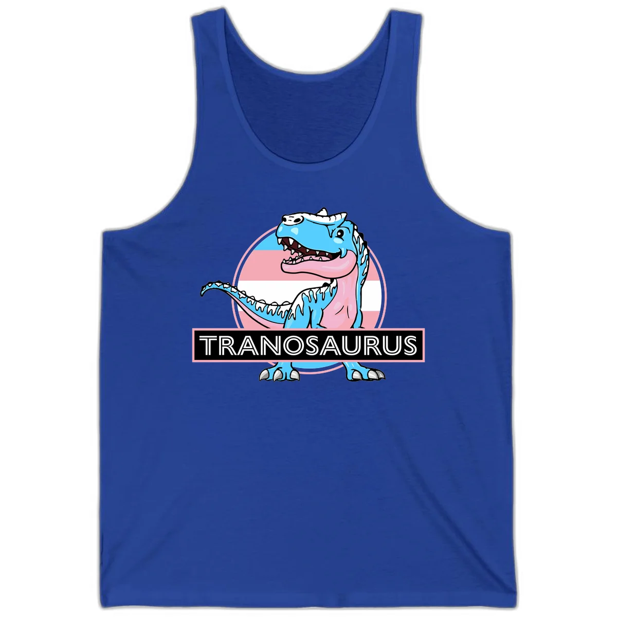 Blue cartoon T-Rex dinosaur with open mouth against pink and white pride flag circular background, labeled Tranosaurus in True Royal