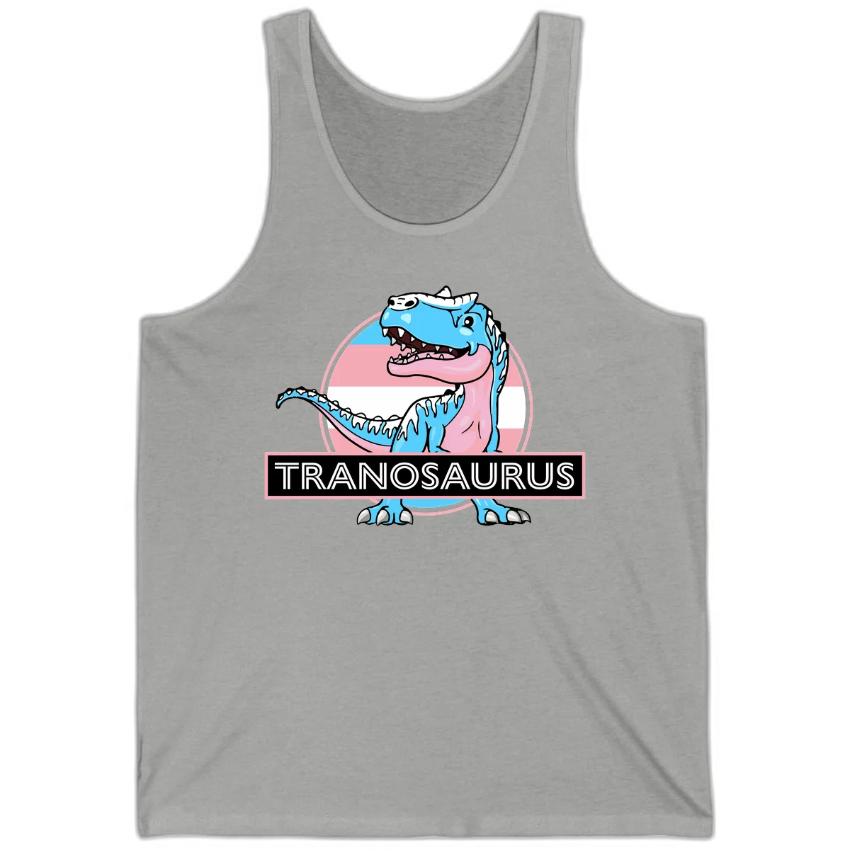 Blue cartoon T-Rex dinosaur with open mouth against pink and white pride flag circular background, labeled Tranosaurus in Athletic Heather