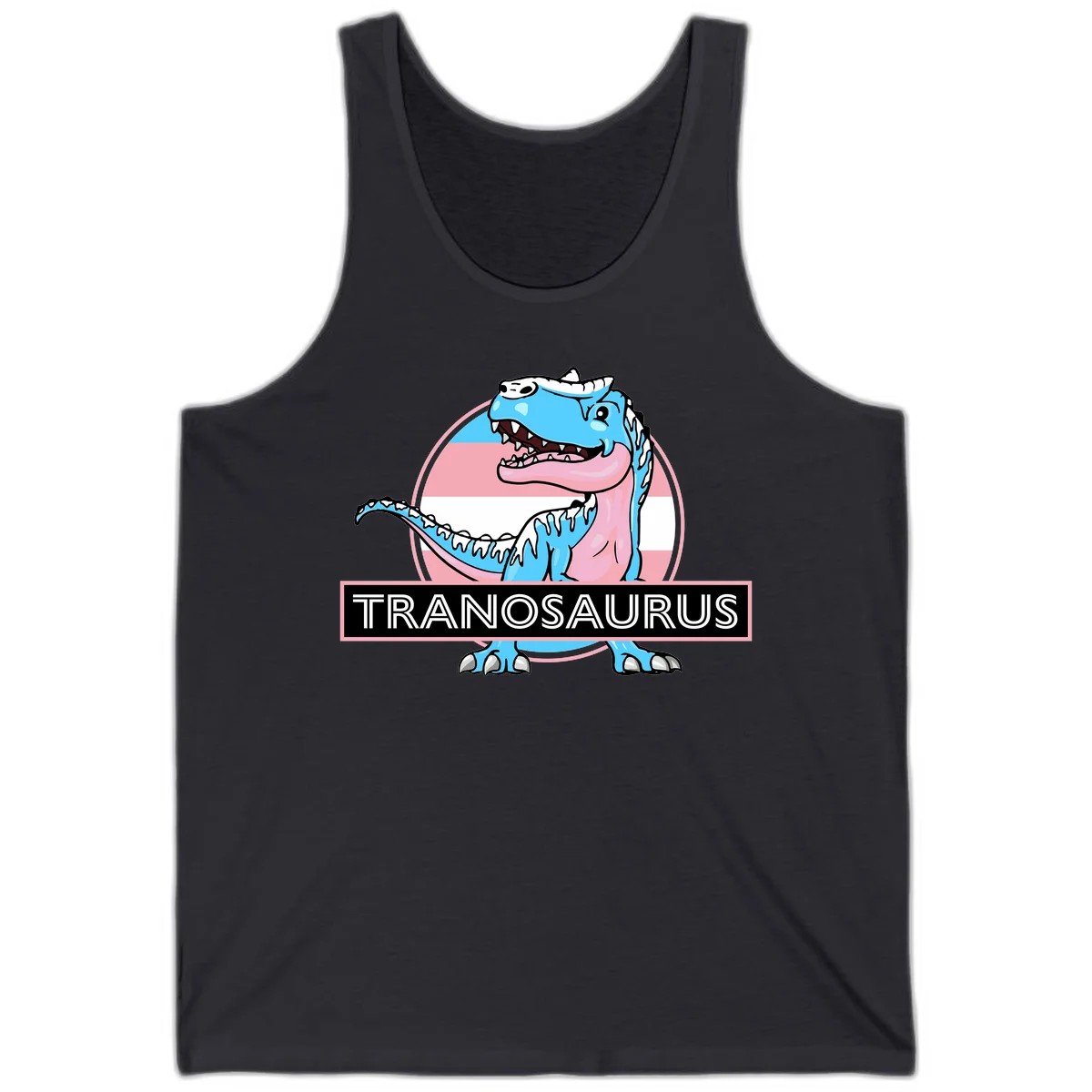 Blue cartoon T-Rex dinosaur with open mouth against pink and white pride flag circular background, labeled Tranosaurus in Dark Grey