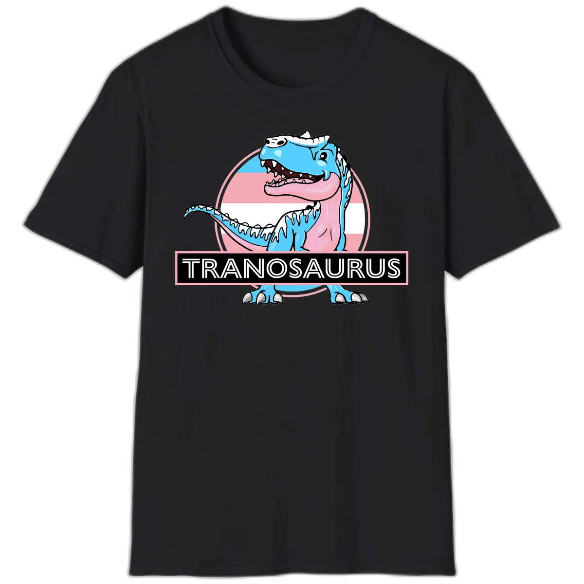 Blue cartoon T-Rex dinosaur with open mouth against pink and white pride flag circular background, labeled Tranosaurus in Black