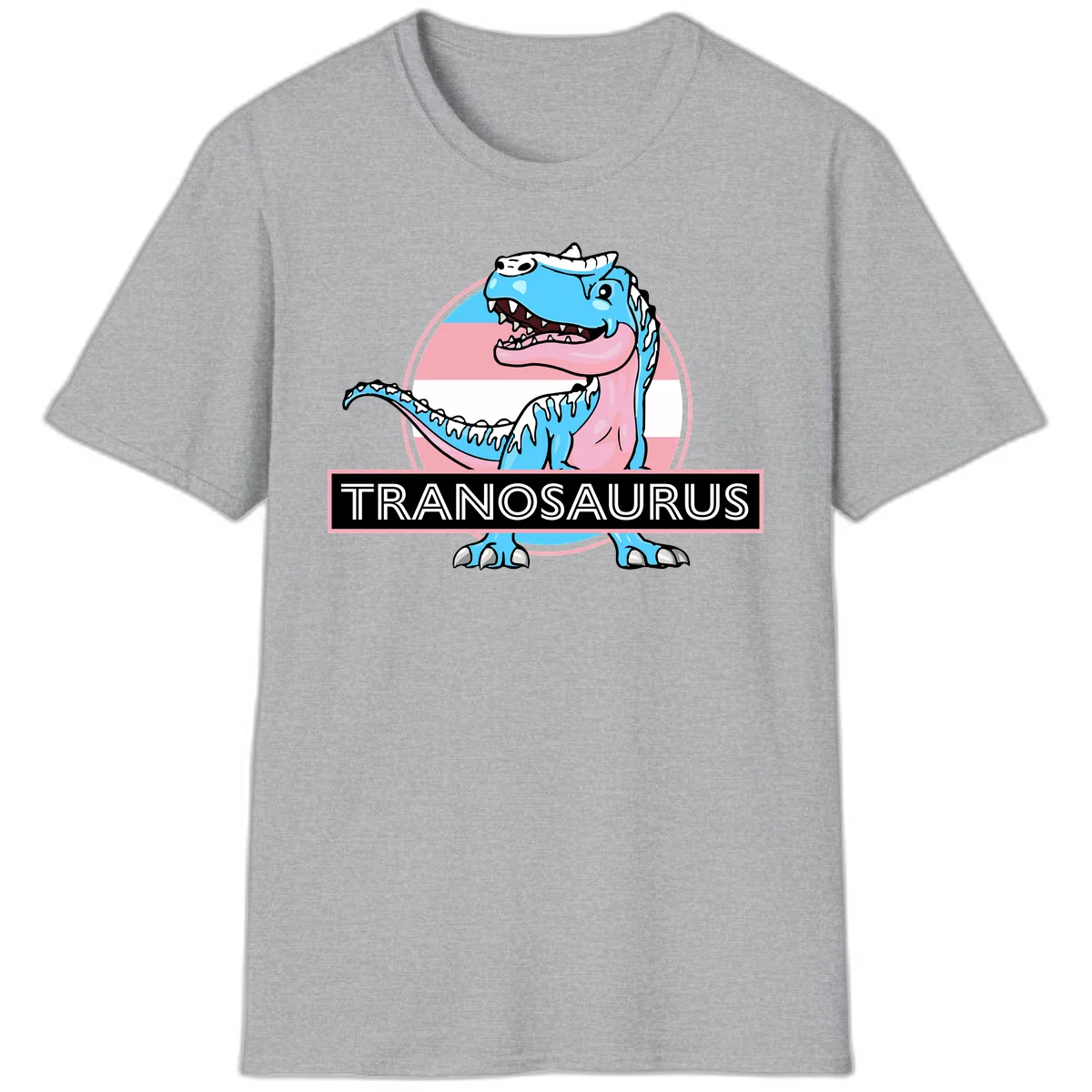 Blue cartoon T-Rex dinosaur with open mouth against pink and white pride flag circular background, labeled Tranosaurus in Sport Grey