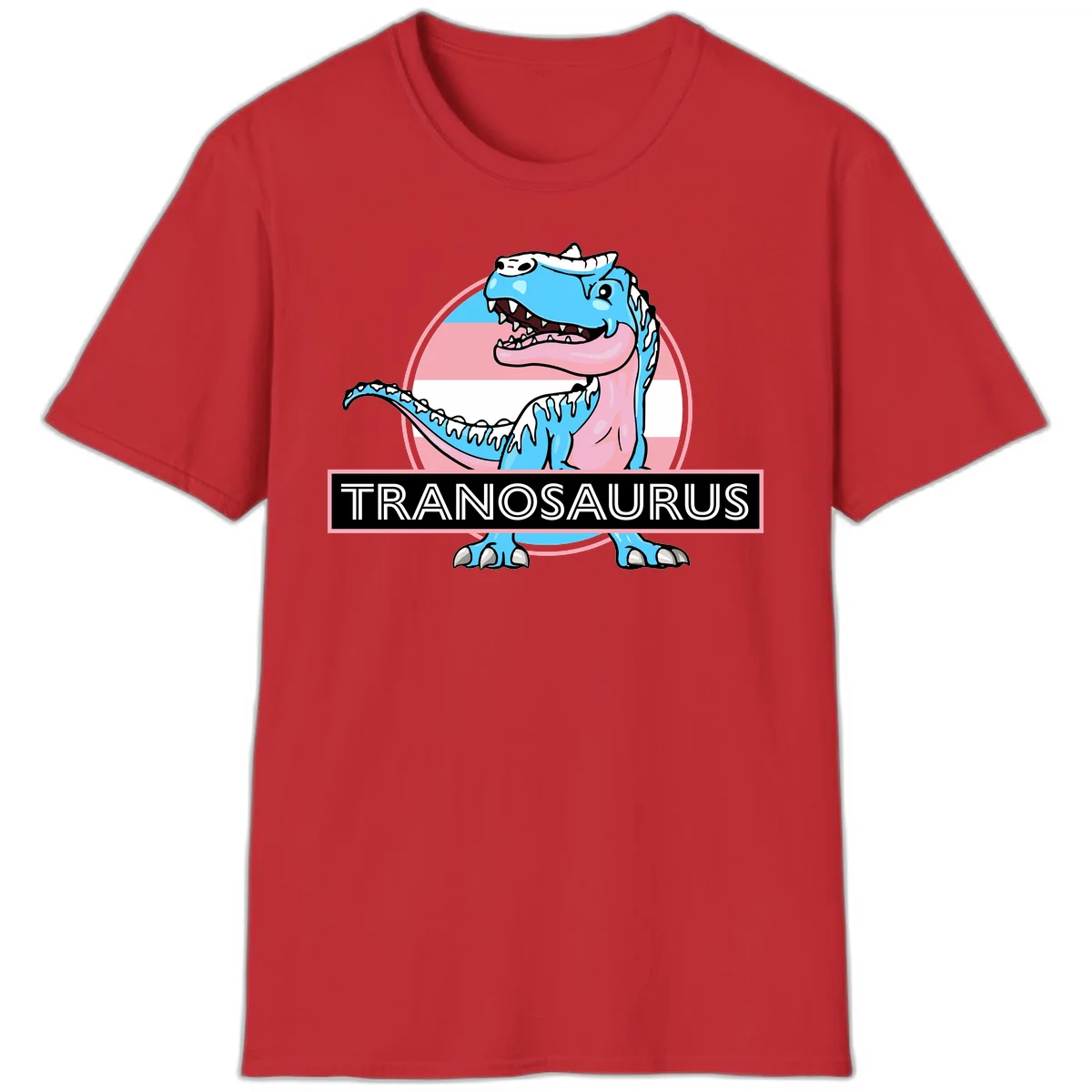 Blue cartoon T-Rex dinosaur with open mouth against pink and white pride flag circular background, labeled Tranosaurus in Red