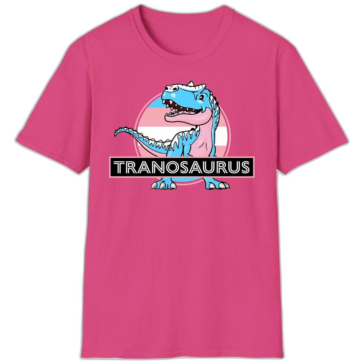 Blue cartoon T-Rex dinosaur with open mouth against pink and white pride flag circular background, labeled Tranosaurus in Heliconia