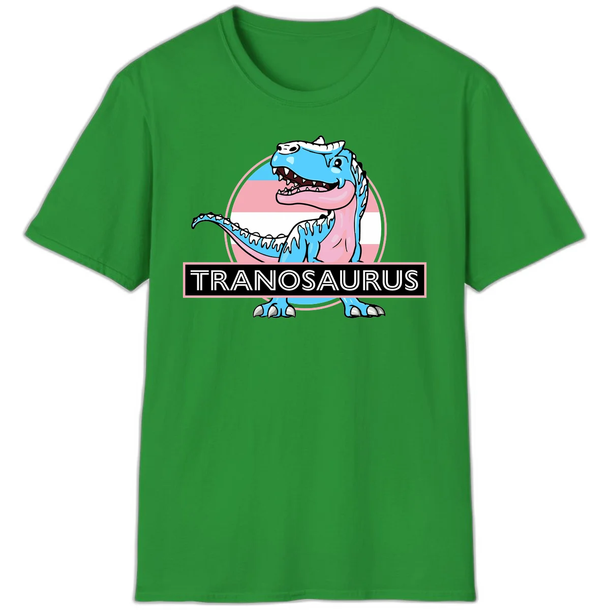 Blue cartoon T-Rex dinosaur with open mouth against pink and white pride flag circular background, labeled Tranosaurus in Irish Green