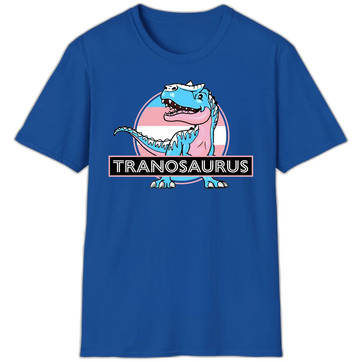 Blue cartoon T-Rex dinosaur with open mouth against pink and white pride flag circular background, labeled Tranosaurus in Royal
