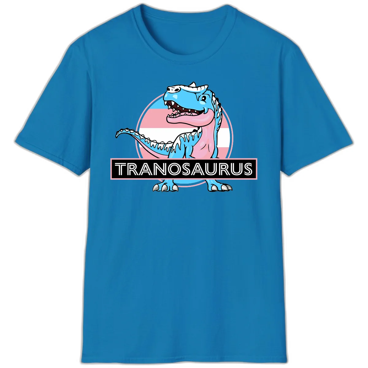 Blue cartoon T-Rex dinosaur with open mouth against pink and white pride flag circular background, labeled Tranosaurus in Sapphire
