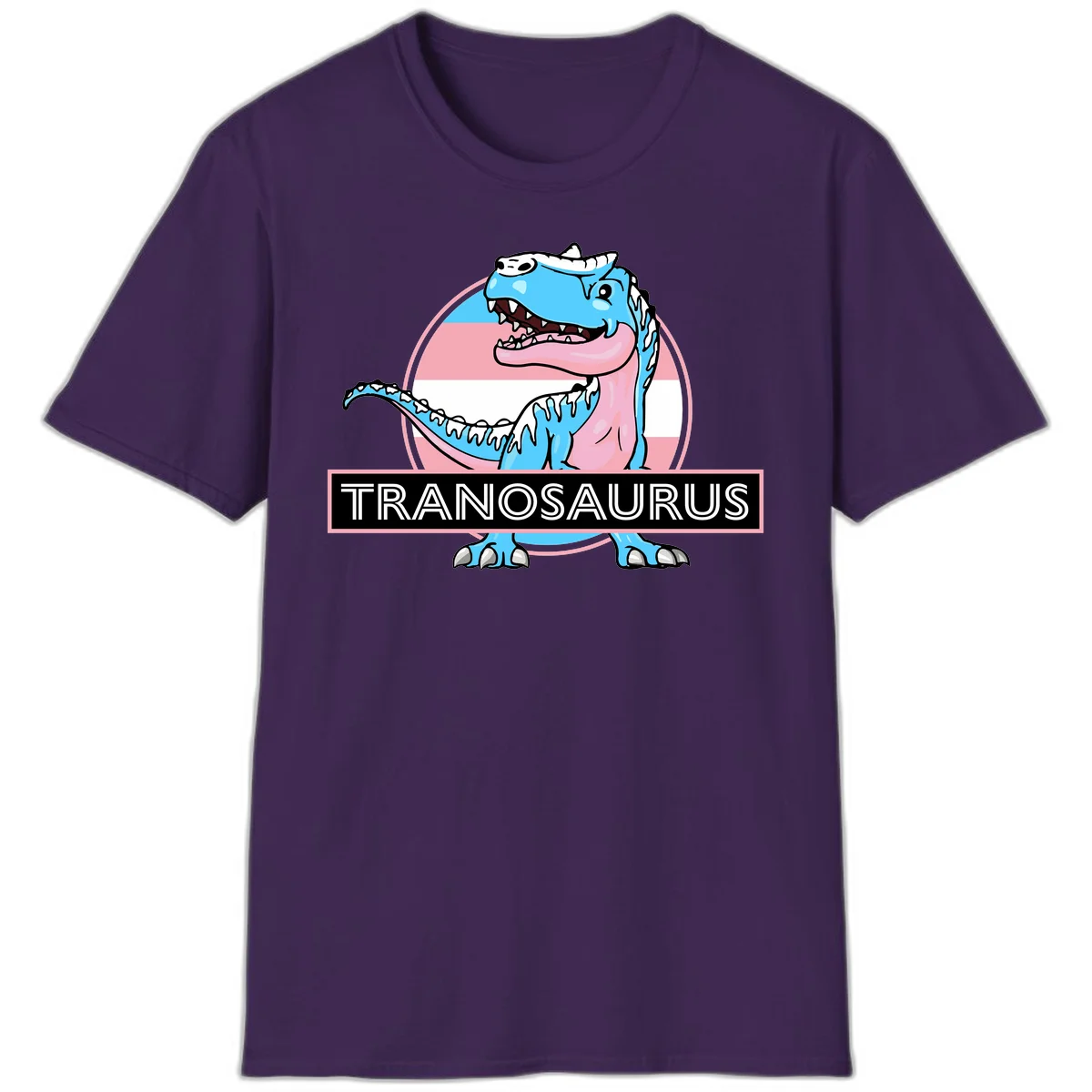 Blue cartoon T-Rex dinosaur with open mouth against pink and white pride flag circular background, labeled Tranosaurus in Purple