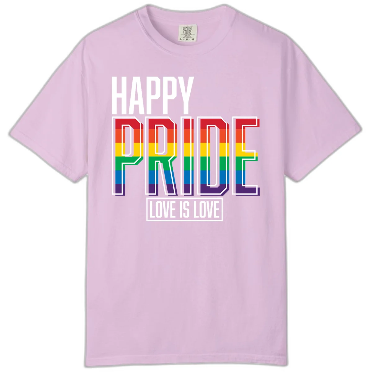 Happy Pride Love Is Love design featuring 3D rainbow block letters with pride flag colors on gray background in Orchid