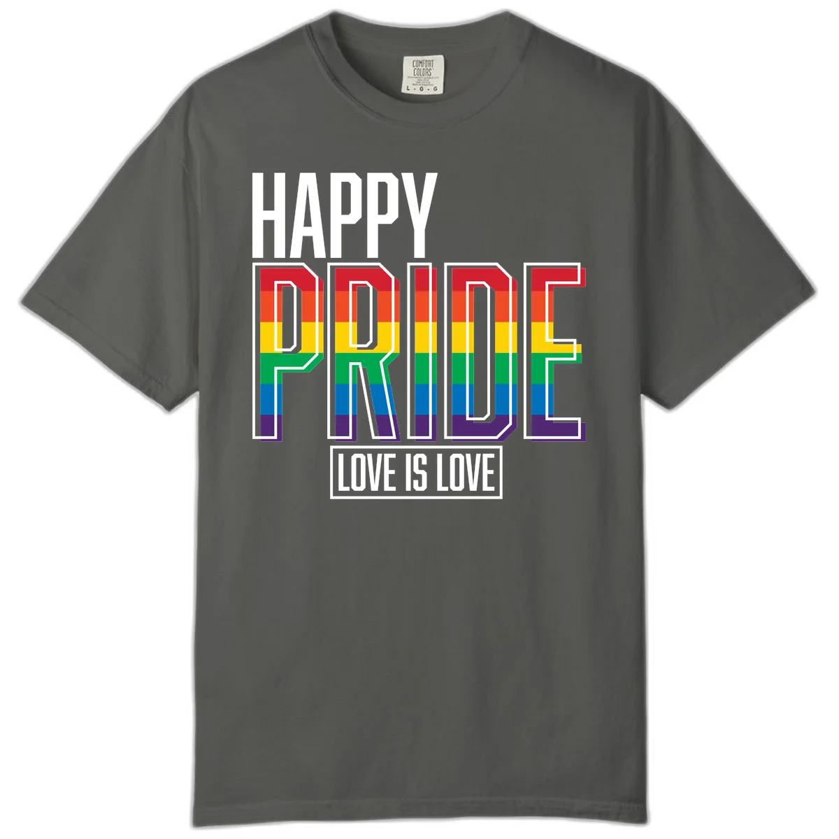 Happy Pride Love Is Love design featuring 3D rainbow block letters with pride flag colors on gray background in Pepper
