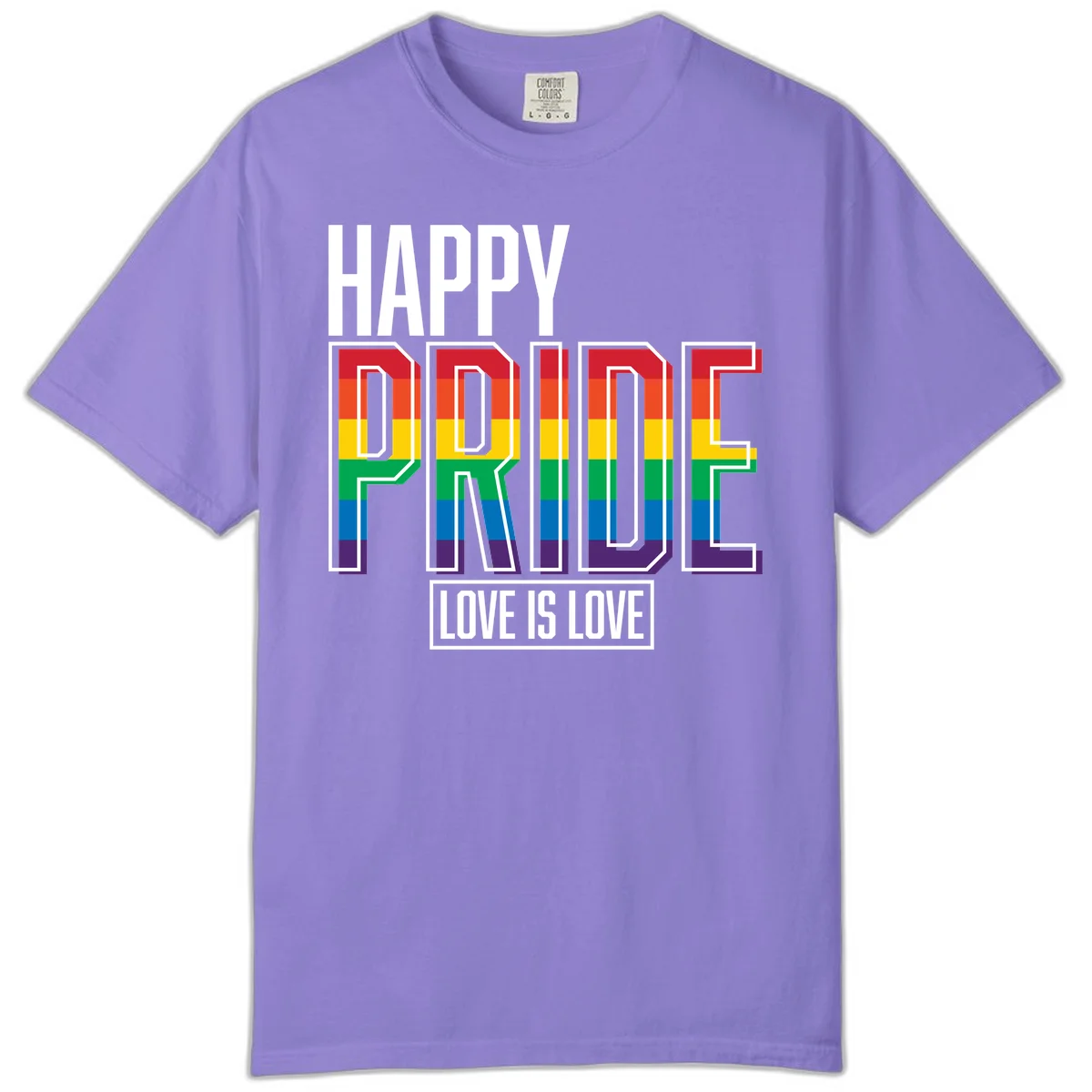 Happy Pride Love Is Love design featuring 3D rainbow block letters with pride flag colors on gray background in Violet