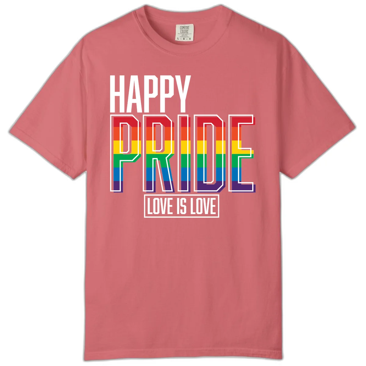 Happy Pride Love Is Love design featuring 3D rainbow block letters with pride flag colors on gray background in Watermelon