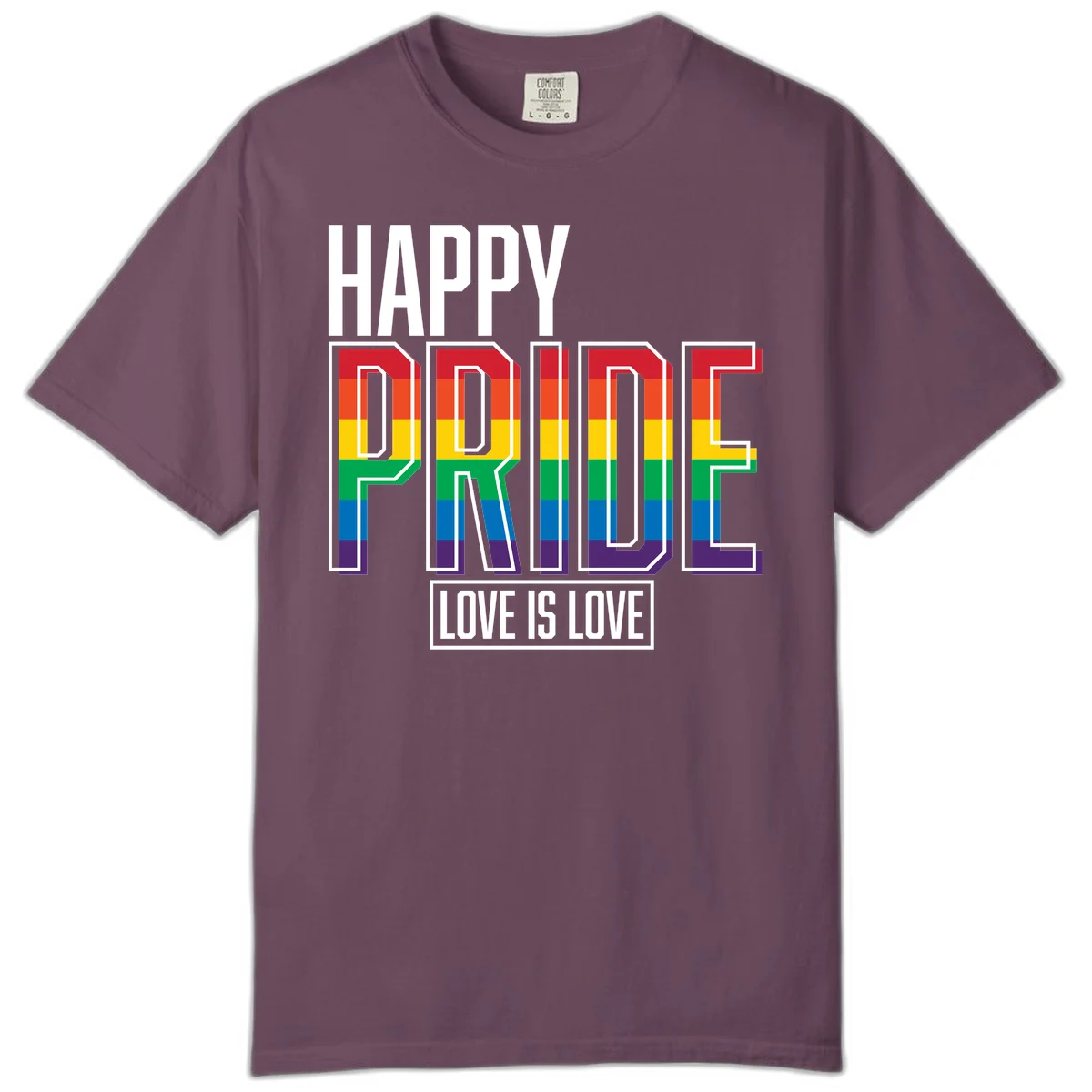 Happy Pride Love Is Love design featuring 3D rainbow block letters with pride flag colors on gray background in Berry