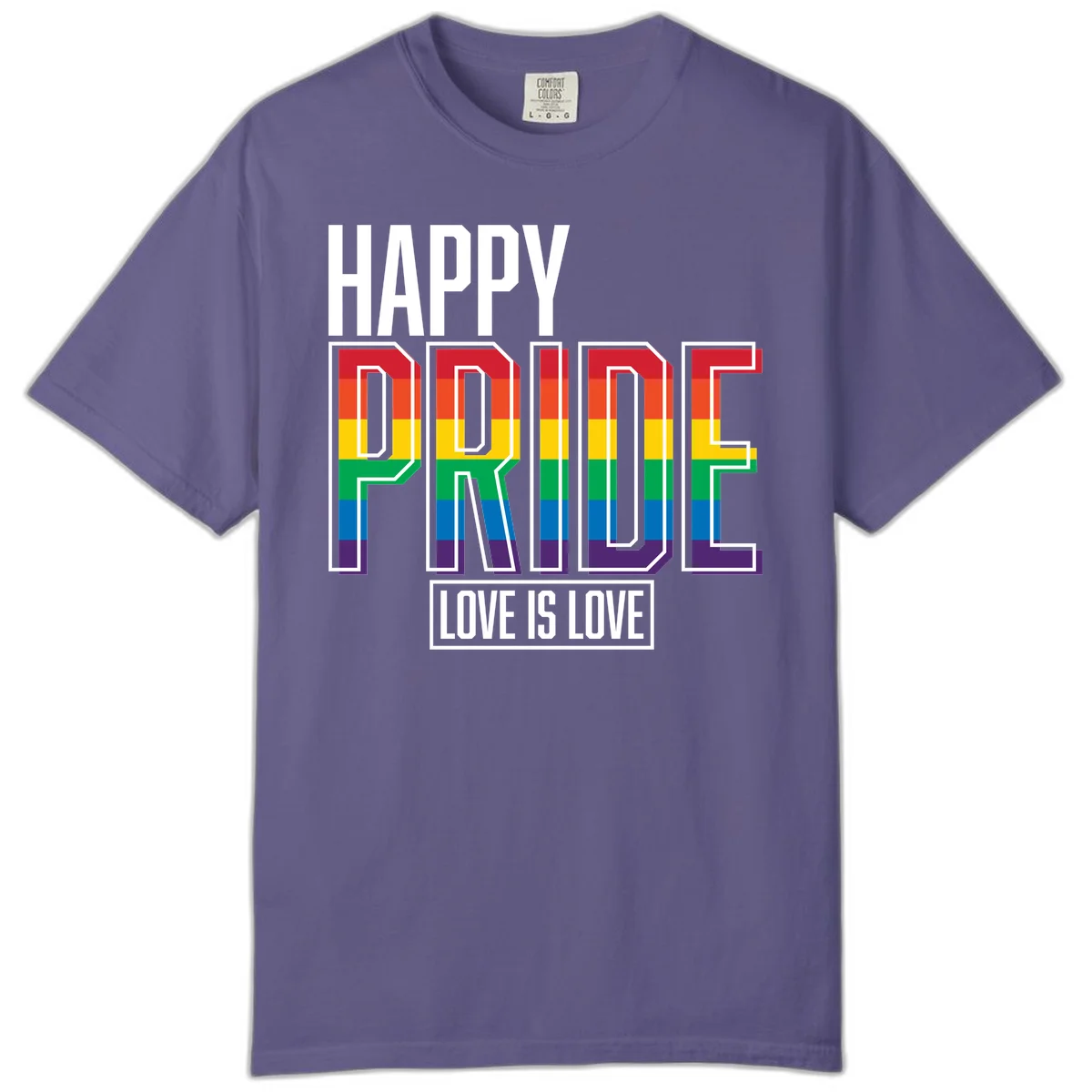 Happy Pride Love Is Love design featuring 3D rainbow block letters with pride flag colors on gray background in Grape