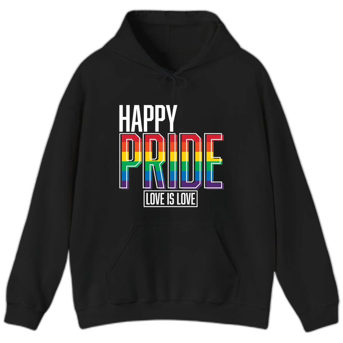 Happy Pride Love Is Love design featuring 3D rainbow block letters with pride flag colors on gray background in Black